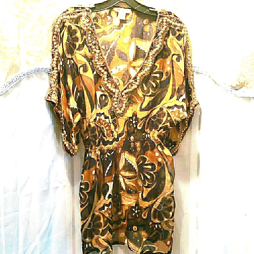 L-AFFAIRE BEADED CHIFFON BROWN/TAN DRESS SZ S
